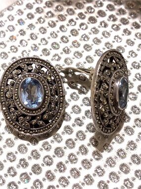 Vintage-Style 925 Silver Blue Topaz  Filigree Clip-On Earrings